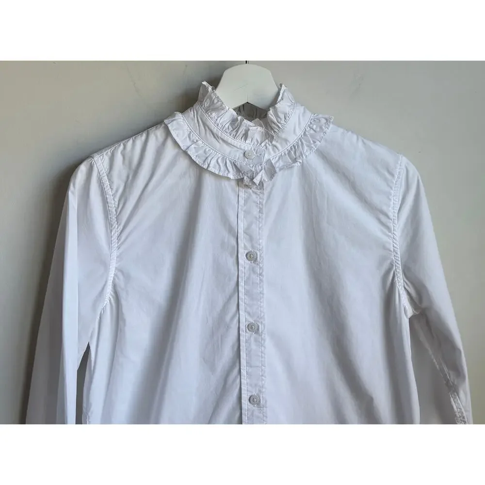 J. Crew Cotton Long Sleeve Classic-Fit Ruffle Neck Shirt White Women's Size 2